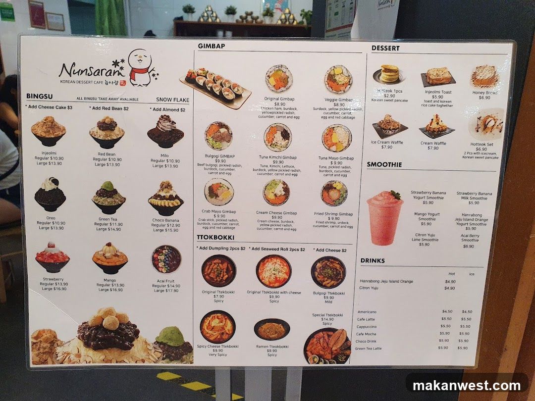 Nunsaran Korean Dessert Cafe Menu