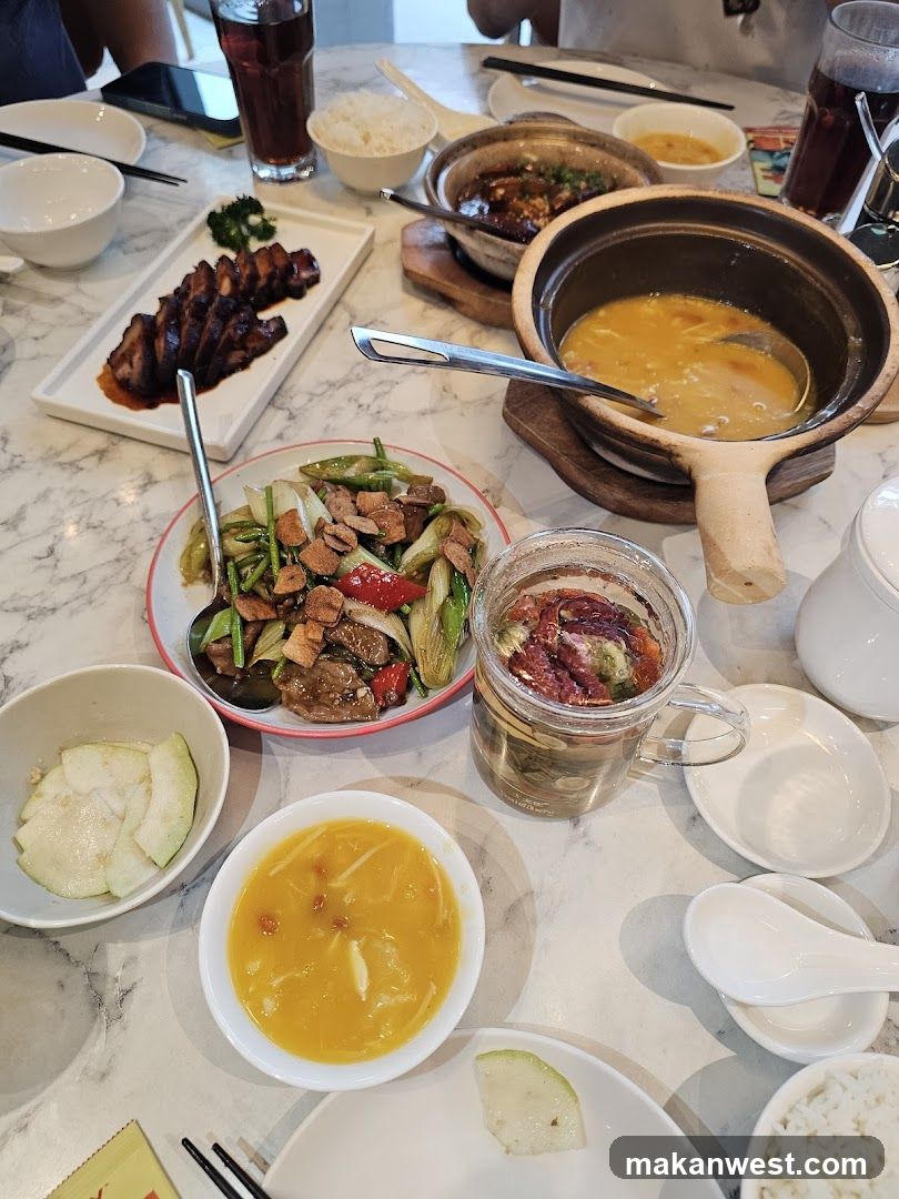 Table with various dishes and drinks