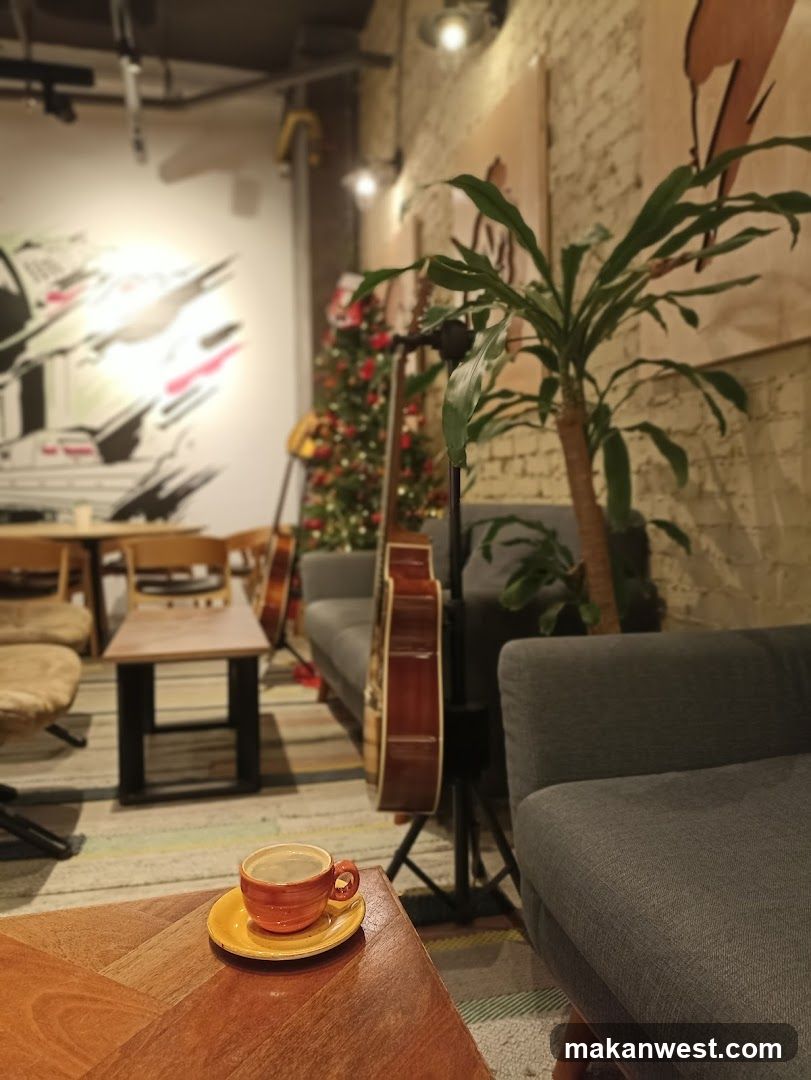 Cozy cafe interior with coffee and guitars