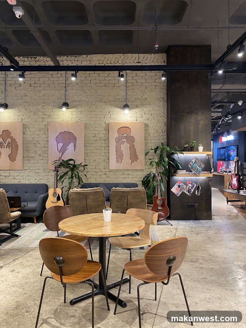 Cafe Interior with Guitars and Artwork