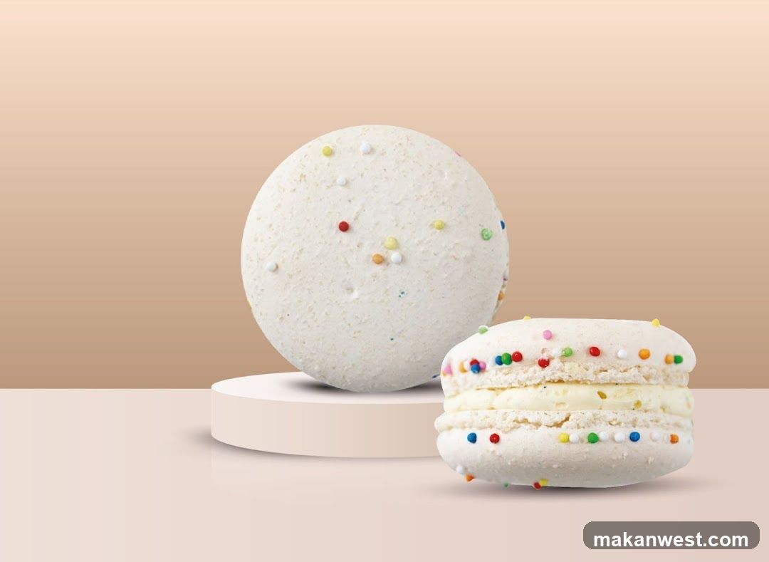 Two white macarons with sprinkles