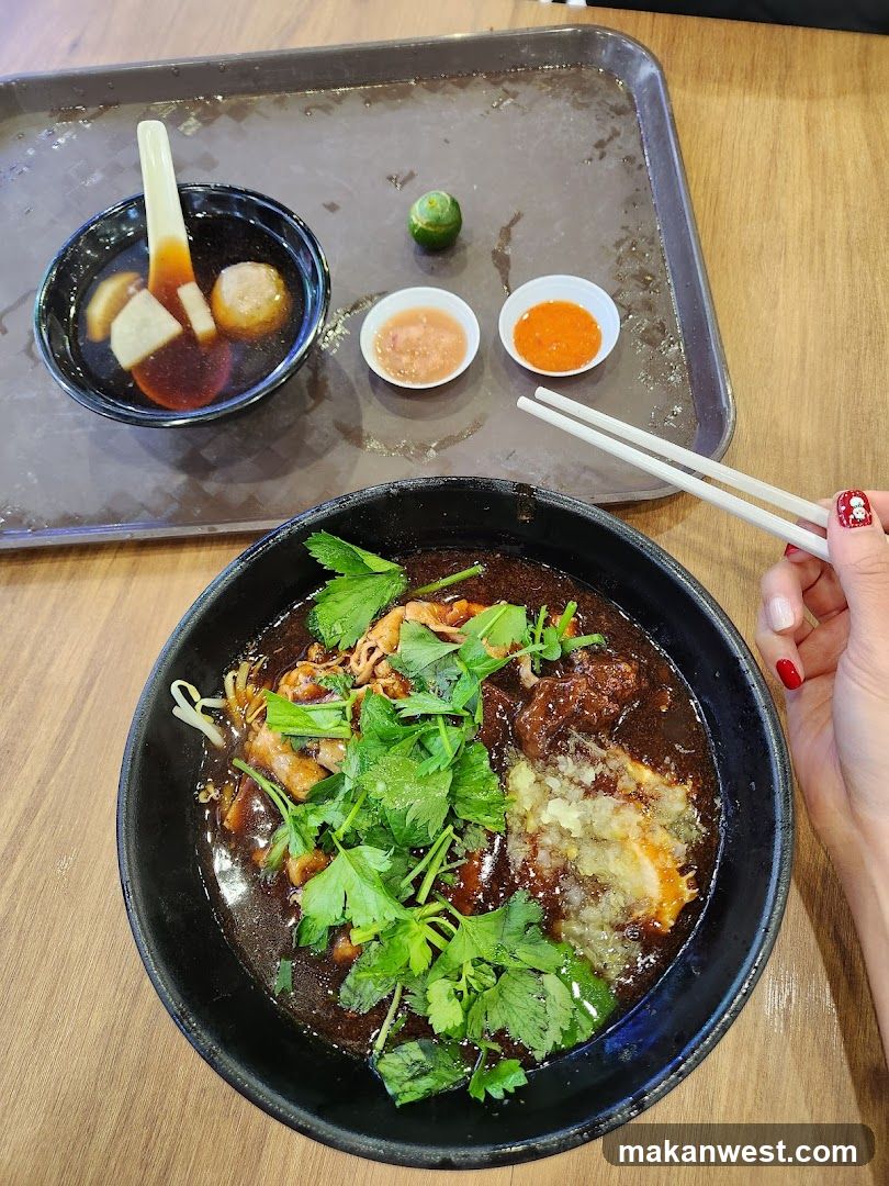 Noodles with Dark Sauce and Side Soup