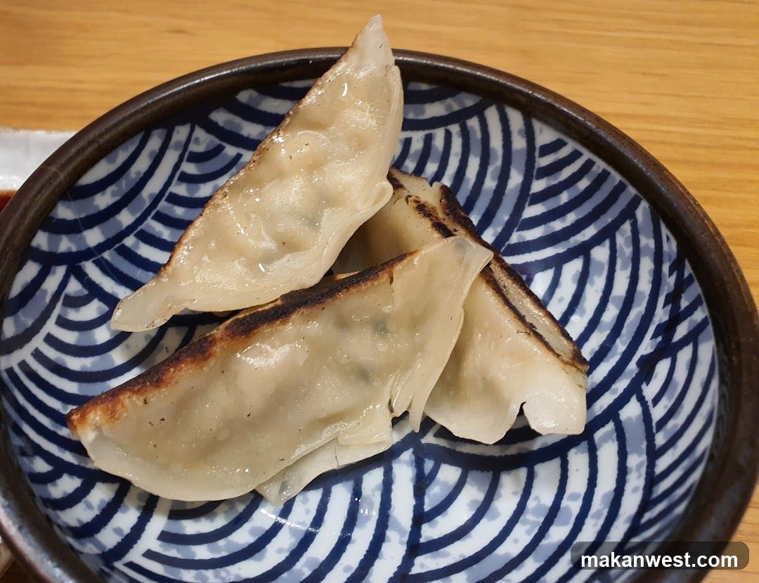 Gyoza on a patterned bowl