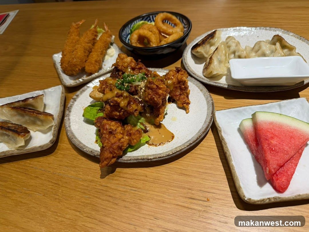 Japanese-style meal spread on wooden table