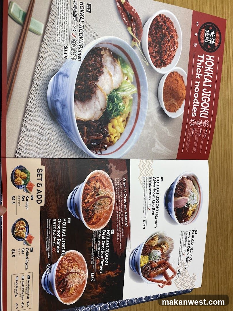 A menu featuring Hokkaido Jigoku Thick noodles and other ramen dishes with prices listed.