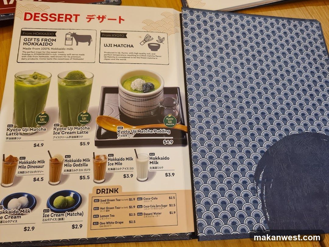 A menu page showing desserts from Hokkaido and Kyoto, including Uji Matcha Latte, Kyoto Uji Matcha Ice Cream Latte, Kyoto Uji Matcha Pudding, Hokkaido Milk Milo Dinosaur, Hokkaido Milk Milo Godzilla, Hokkaido Milk Ice Milo, Hokkaido Milk, Ice Cream (Matcha), and a drink section with Iced Green Tea, Hot Green Tea, Lemon Tea, Ozo White Grape, Coca-Cola Zero Sugar, Dessert Water.
