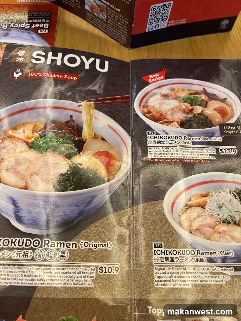 A printed menu page featuring three ramen dishes with images, descriptions, and prices.