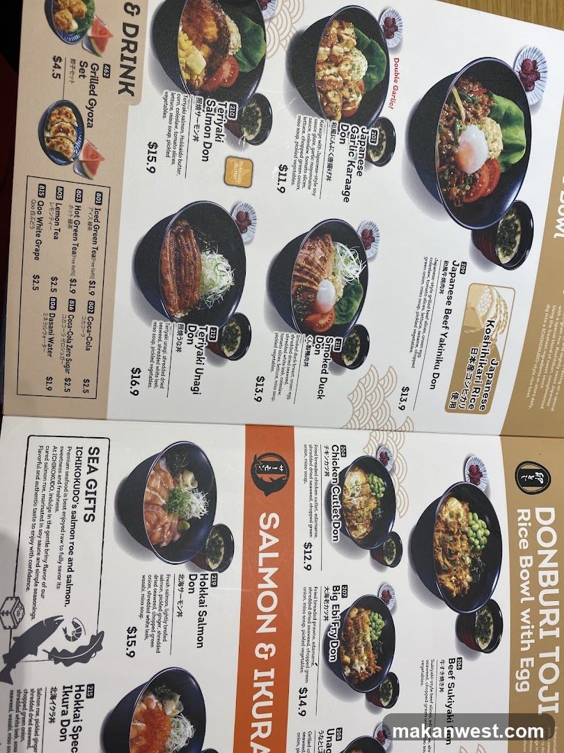 A printed menu featuring Japanese rice bowls with images and prices, including sections like Salmon & Ikura, Sea Gifts, and Donburi Toji.
