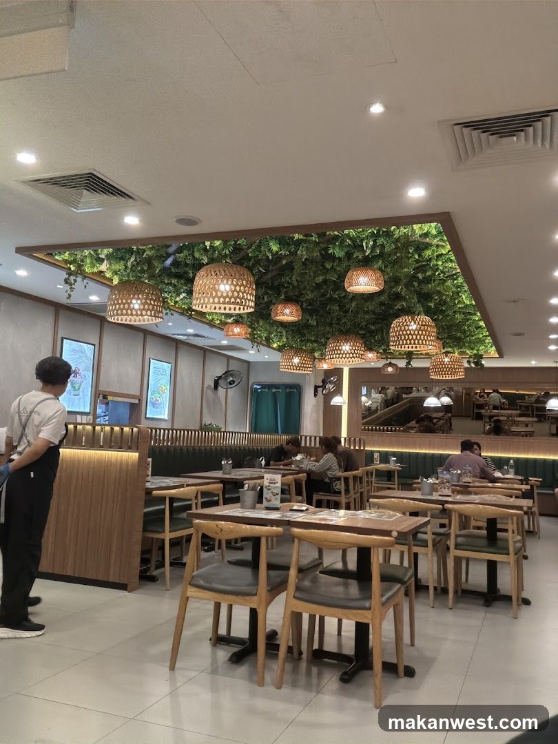 Restaurant Interior with Green Wall and Pendant Lights