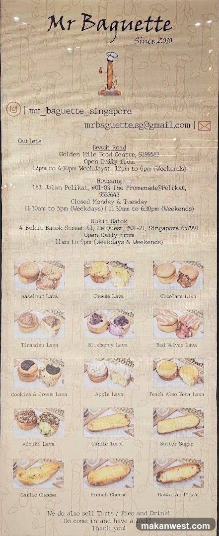 A printed menu board for Mr Baguette, listing outlet locations and a variety of lava cake products with names like Hazelnut Lava, Cheese Lava, Chocolate Lava, Tiramisu Lava, Blueberry Lava, Red Velvet Lava, Cookies & Cream Lava, Apple Lava, Peach Aloe Vera Lava, Adzuki Lava, Garlic Toast, Butter Sugar, Garlic Cheese, French Cheese, and Hawaiian Pizza.