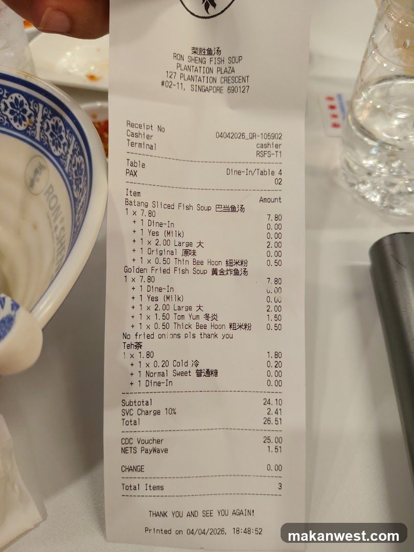 Receipt from Ron Sheng Fish Soup