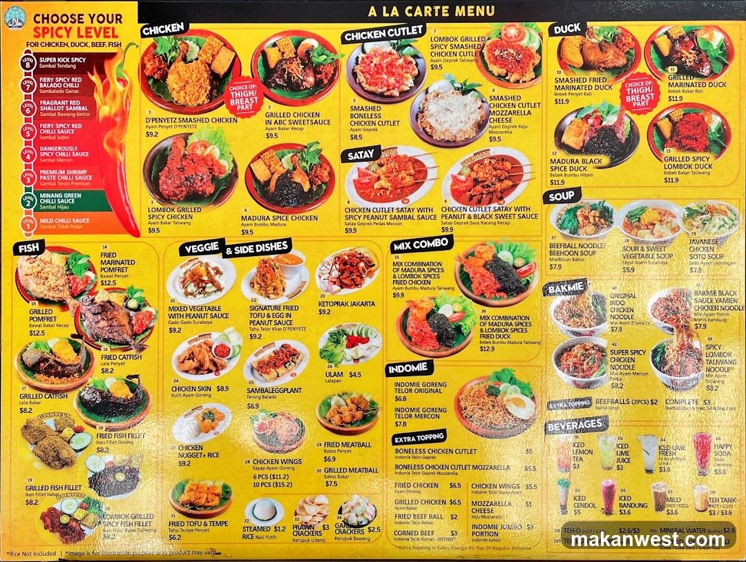 A La Carte Menu - Chicken, Duck, Beef & Fish