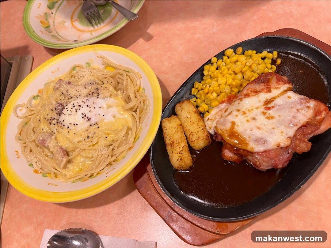 Dining Table with Pasta and Steak