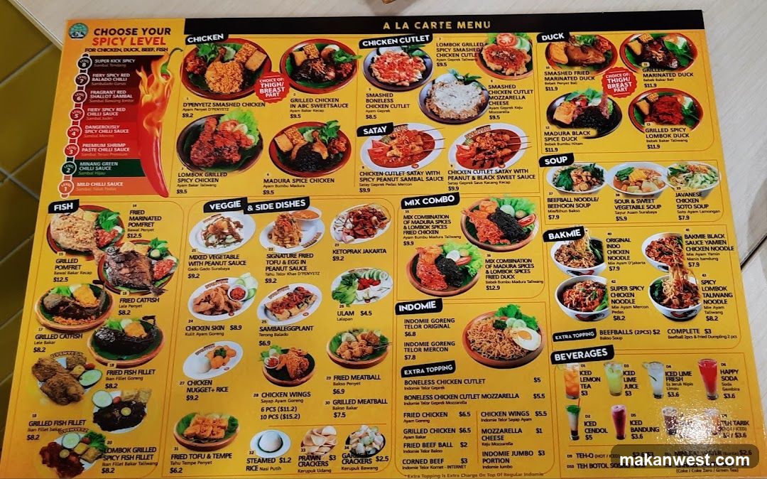 A La Carte Menu - Chicken, Duck, Beef, Fish
