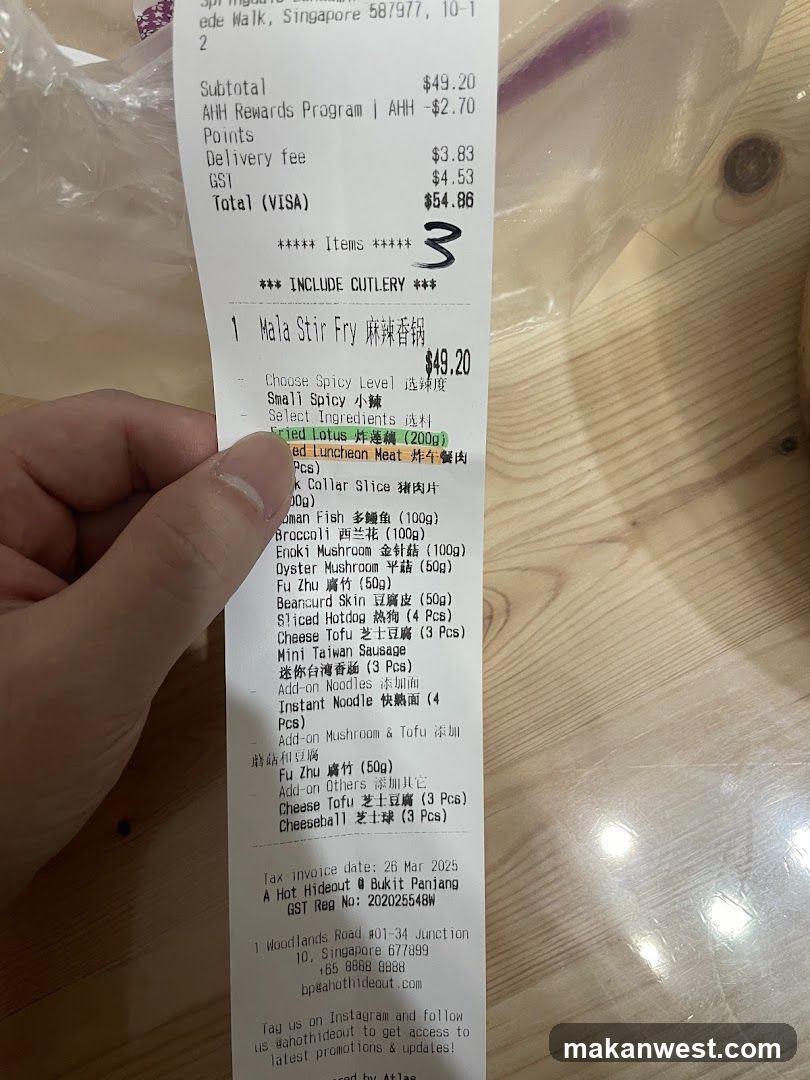 Receipt of food order