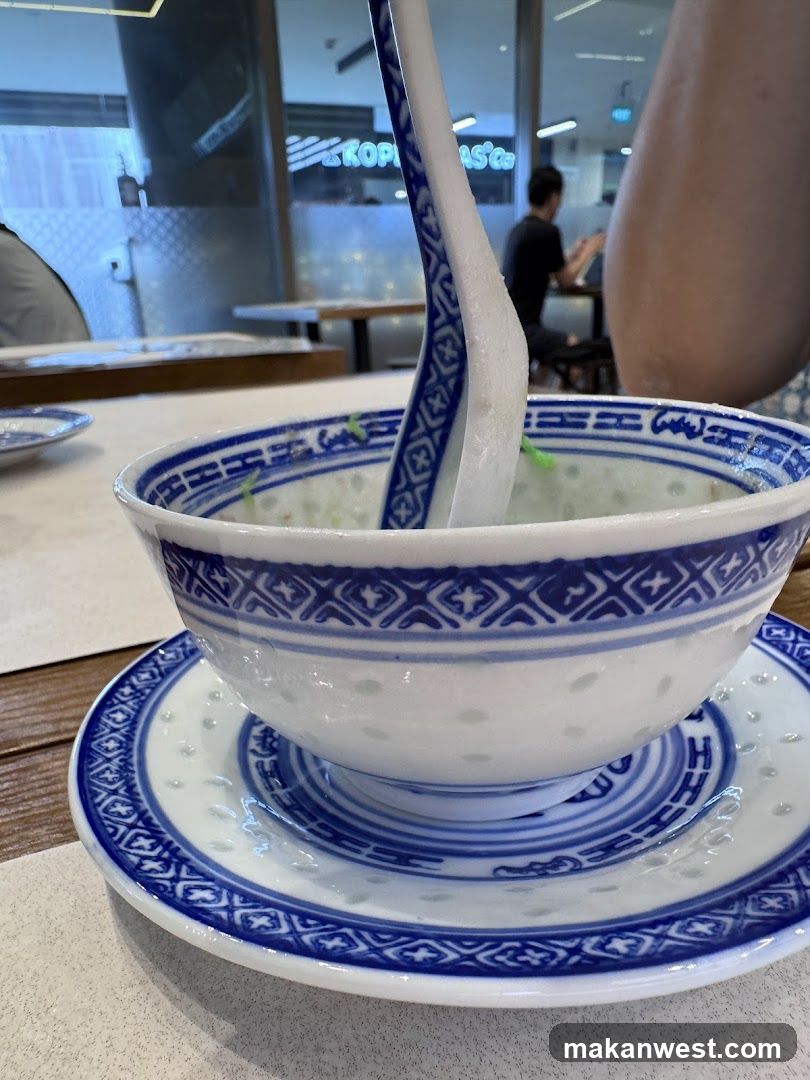 Bowl of dessert with blue and white patterned dishware