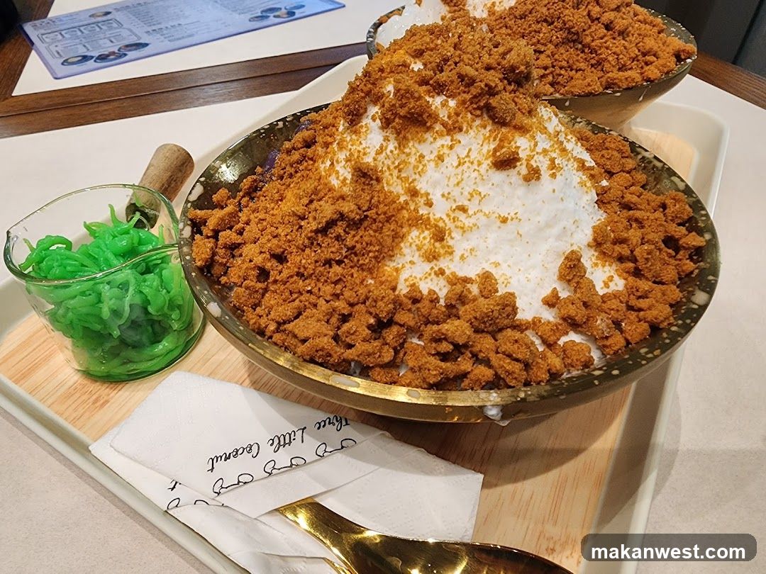 Dessert with Crumble Topping and Green Syrup
