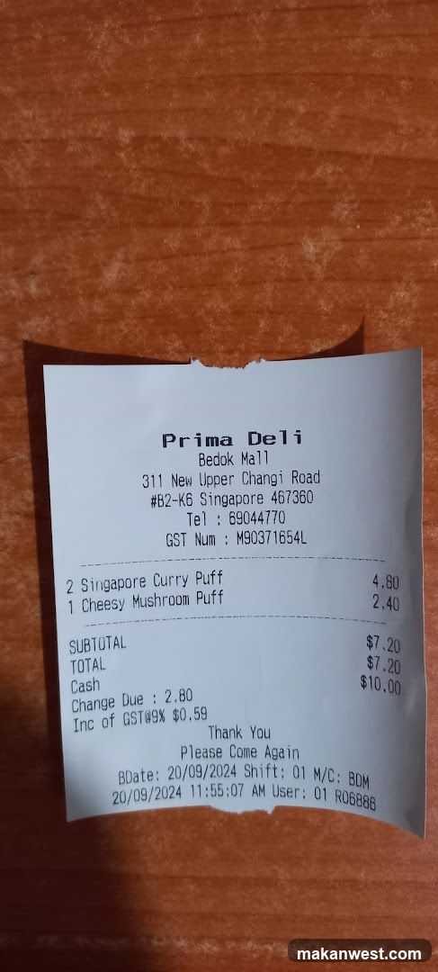 Receipt from Prima Deli Bedok Mall