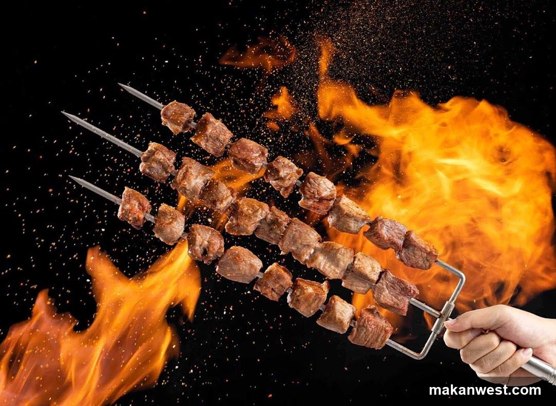 Grilled Meat Skewers on Fire