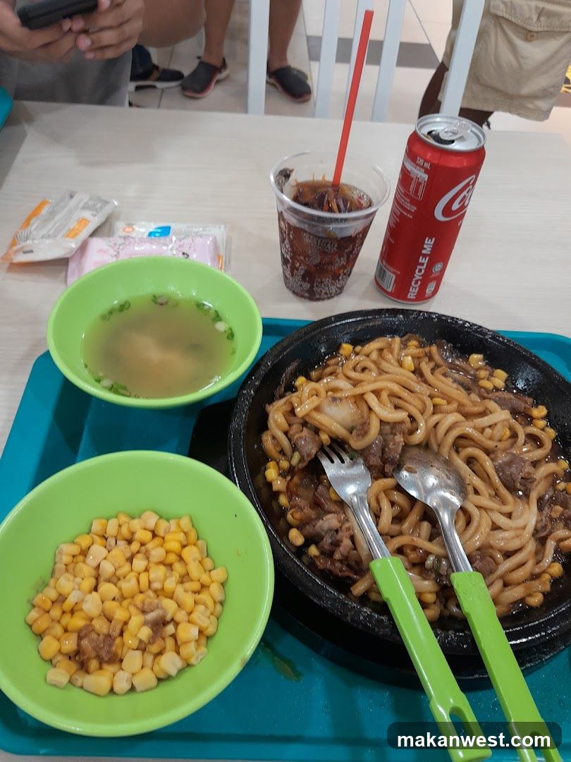 Food Tray with Noodles and Corn