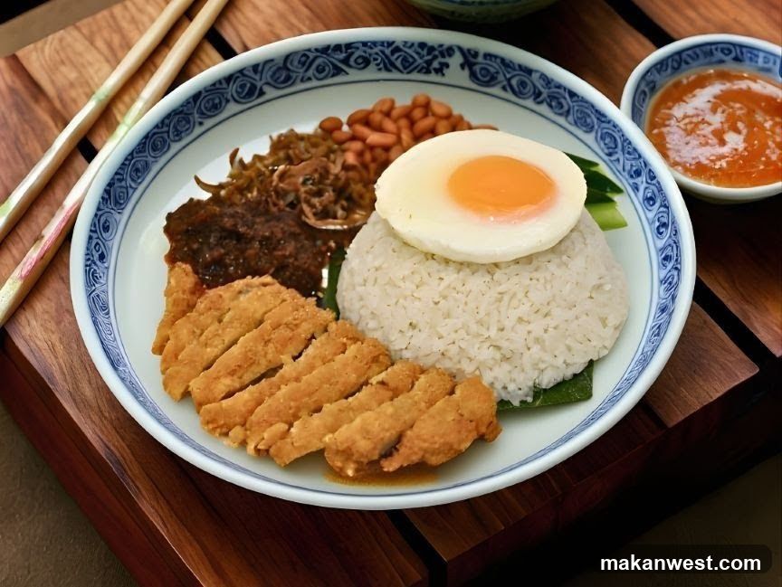 Nasi Lemak Plate with Fried Chicken and Soy Sauce