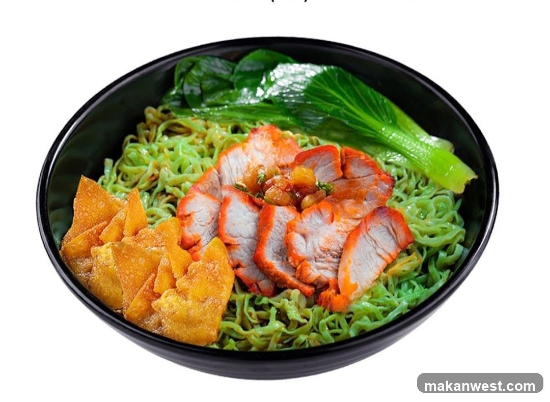 Green Noodle Bowl with Roast Pork and Crispy Chips