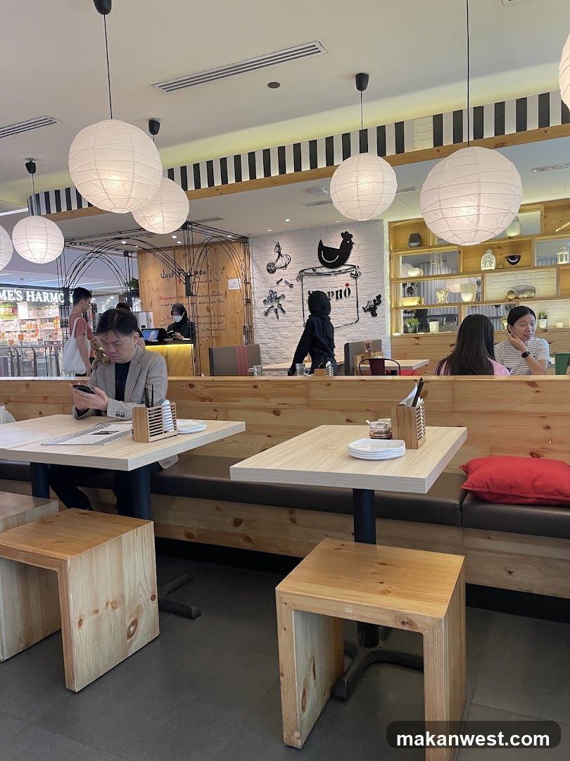 Restaurant Interior with Wooden Seating and Hanging Lamps