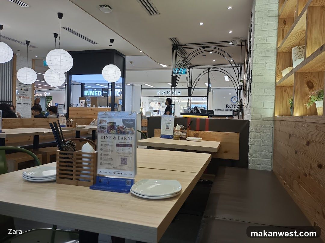 Restaurant Interior with Wooden Tables and Hanging Lamps