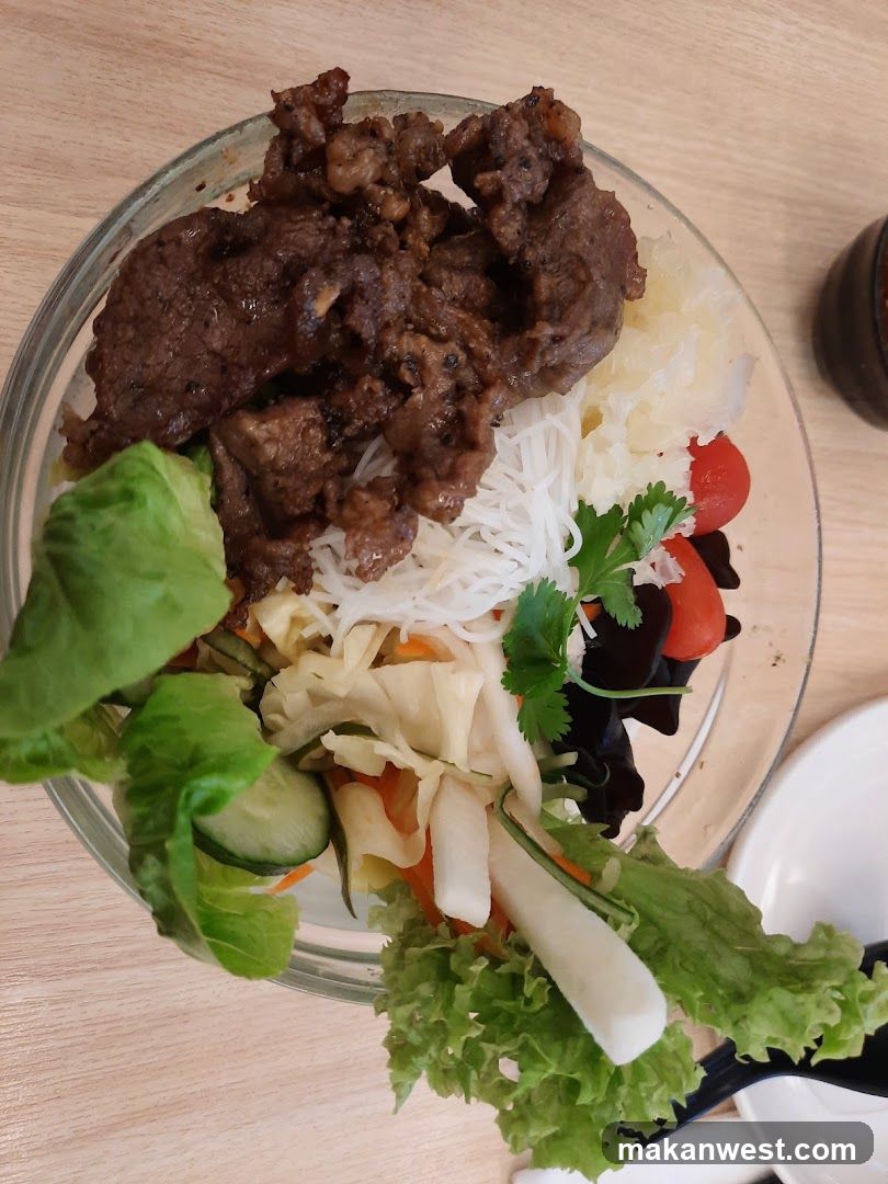 Bowl of Vietnamese-style noodle salad with beef