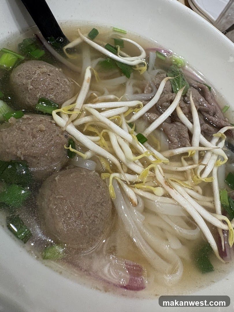 Bowl of Noodle Soup with Meatballs and Bean Sprouts