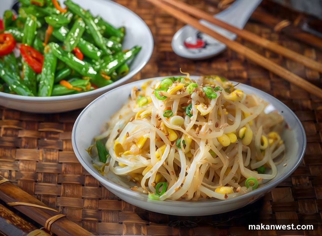 Asian-style bean sprout salad and stir-fried green beans