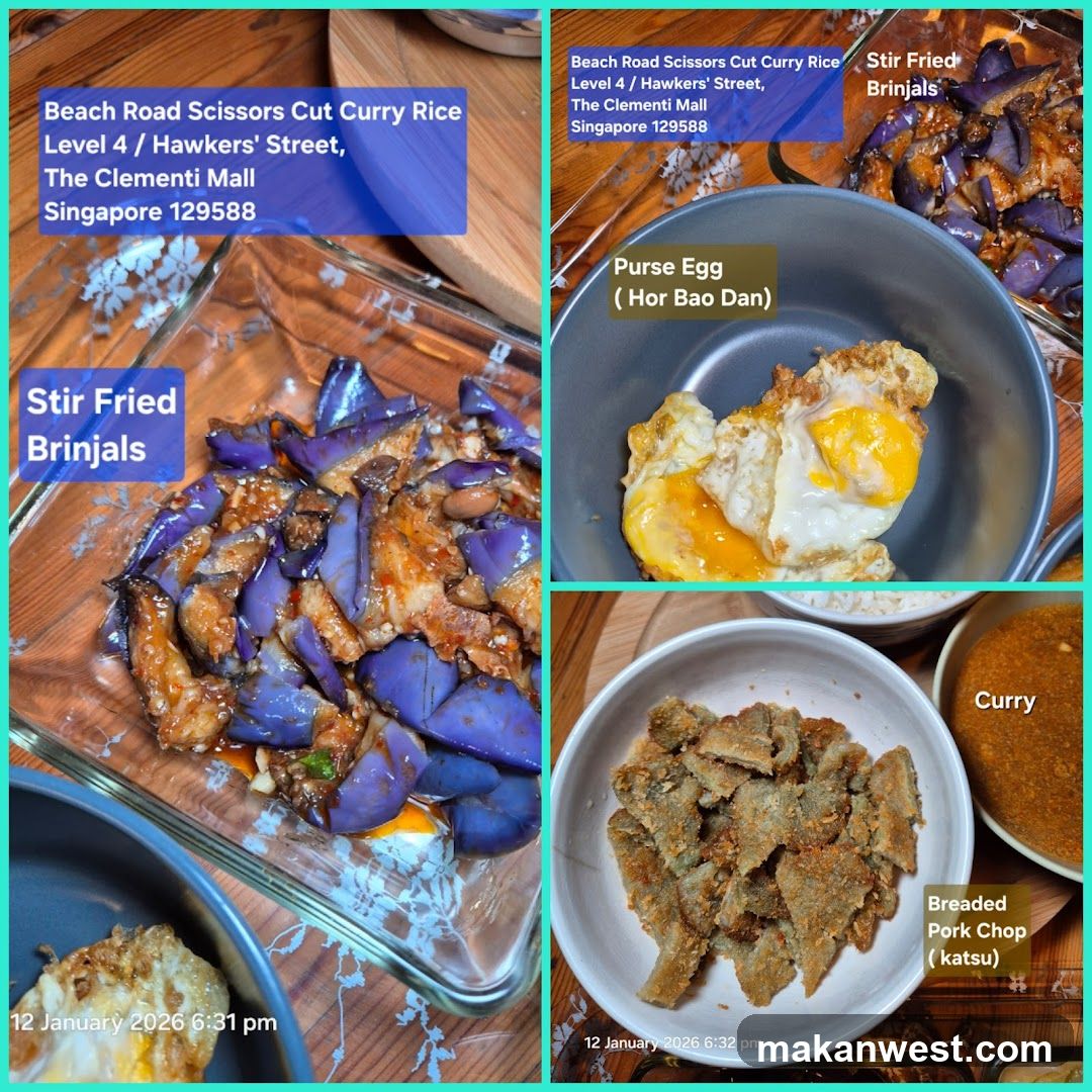 Food collage of stir fried brinjals, purse egg, curry and breaded pork chop