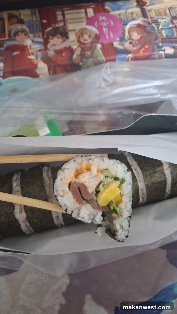 Sushi Roll with Anime Poster Background