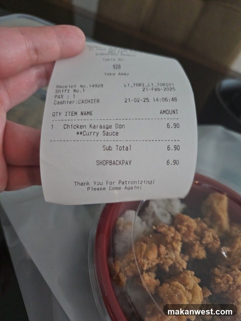 Takeaway receipt and food container