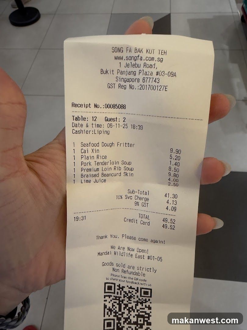 Receipt from Song Fa Bak Kut Teh