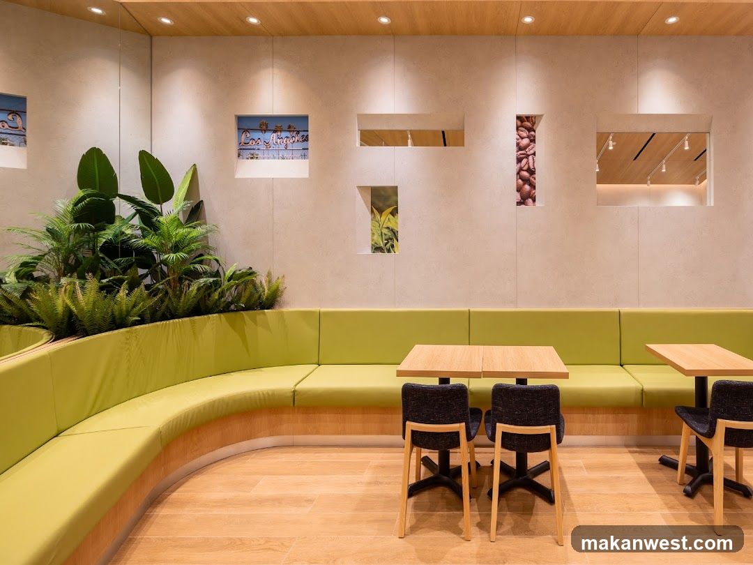 Modern Cafe Interior with Green Banquette Seating