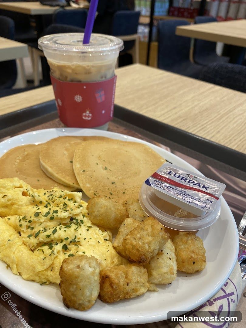 Breakfast Meal with Pancakes and Omelette