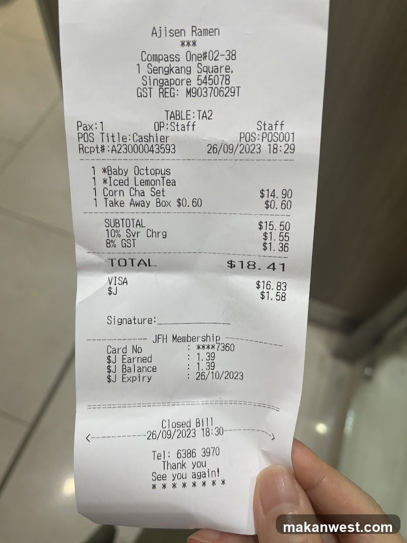 Receipt from Ajisen Ramen