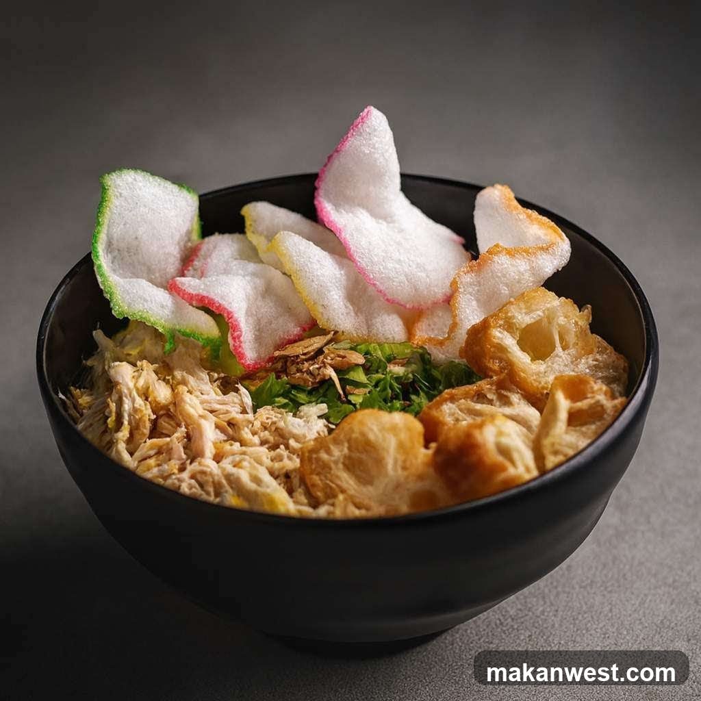 Bowl of shredded chicken with crispy toppings and garnish