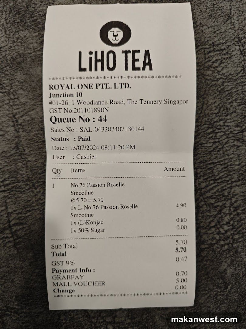 Liho Tea Receipt