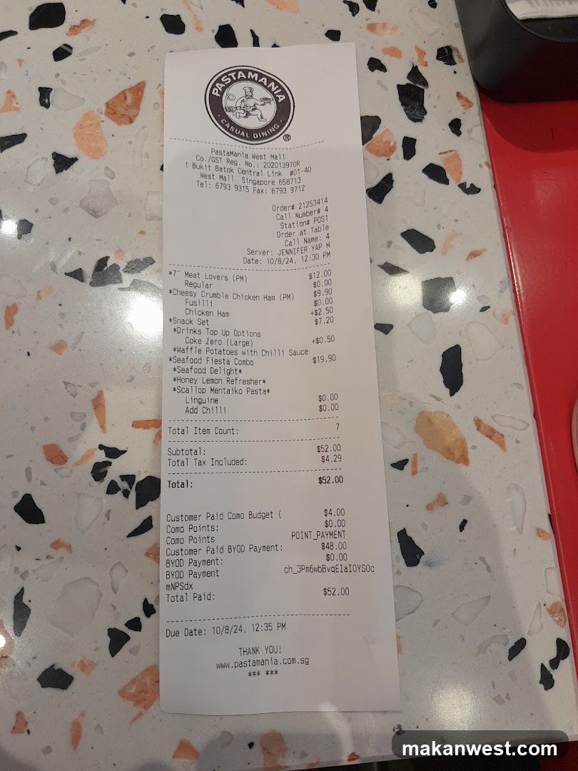 Receipt from Pastamania
