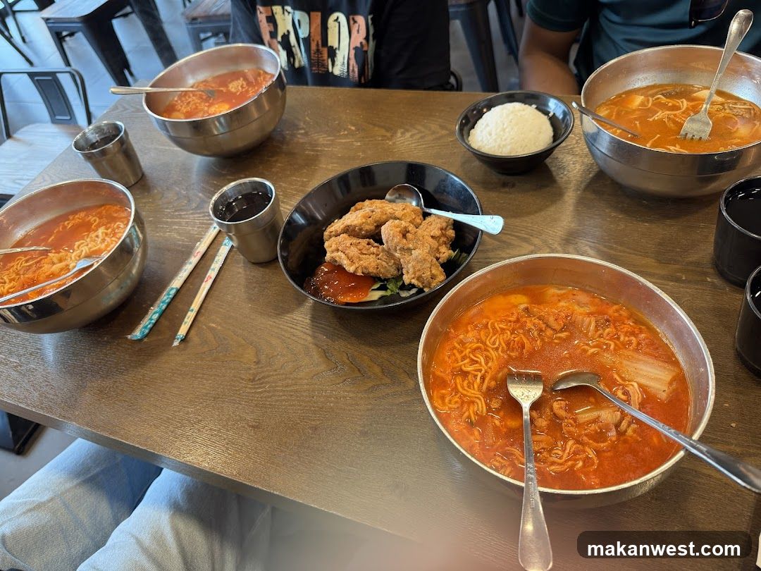 Korean-style noodle and fried chicken meal