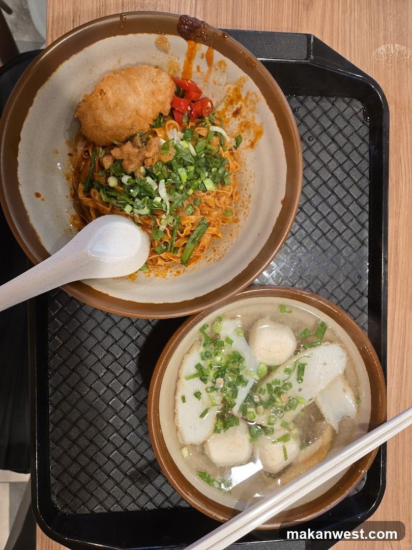 Food Tray with Bowls of Noodles and Soup