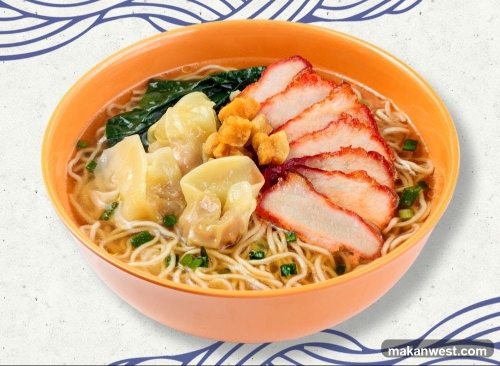 Bowl of Noodle Soup with Dumplings and Pork