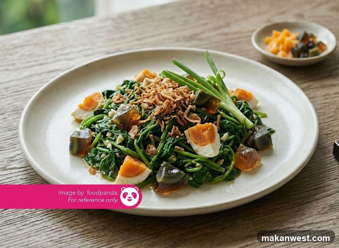 Stir-fried Spinach with Preserved Eggs and Fried Shallots