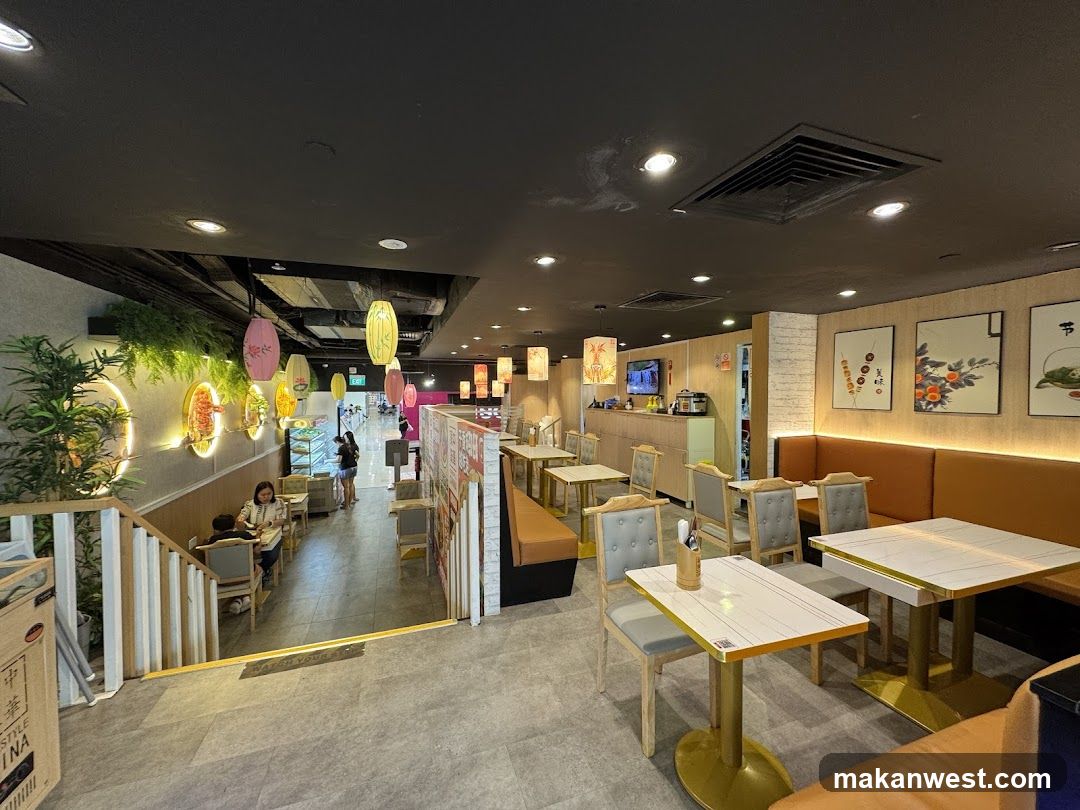 Restaurant Interior with Decorative Lamps and Seating Areas
