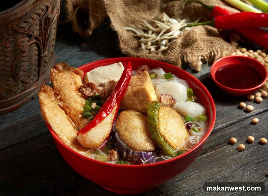 Red Bowl of Noodle Soup with Tofu and Vegetables
