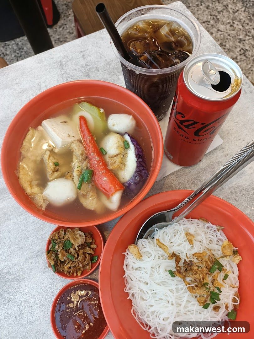 Food Spread with Noodles and Soup