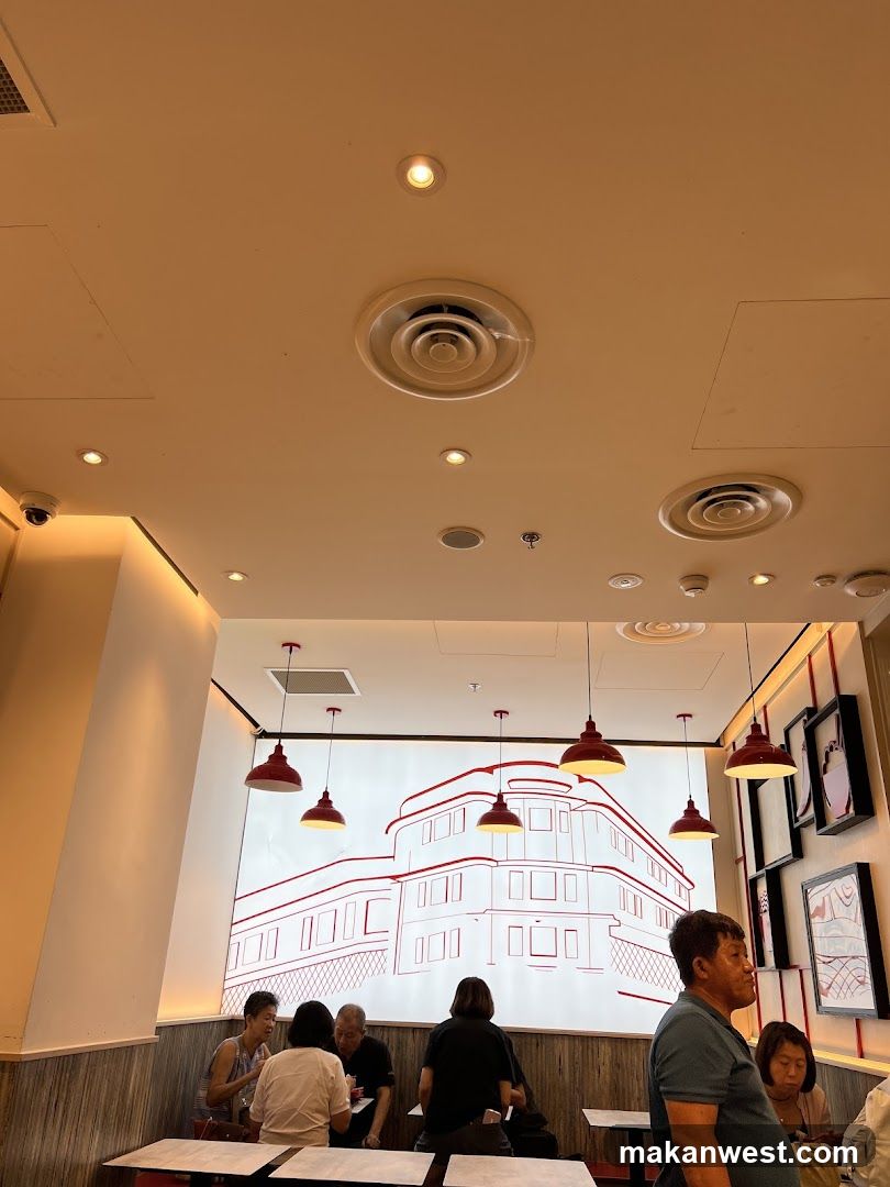 Interior of a restaurant or cafe with red pendant lights and wall art