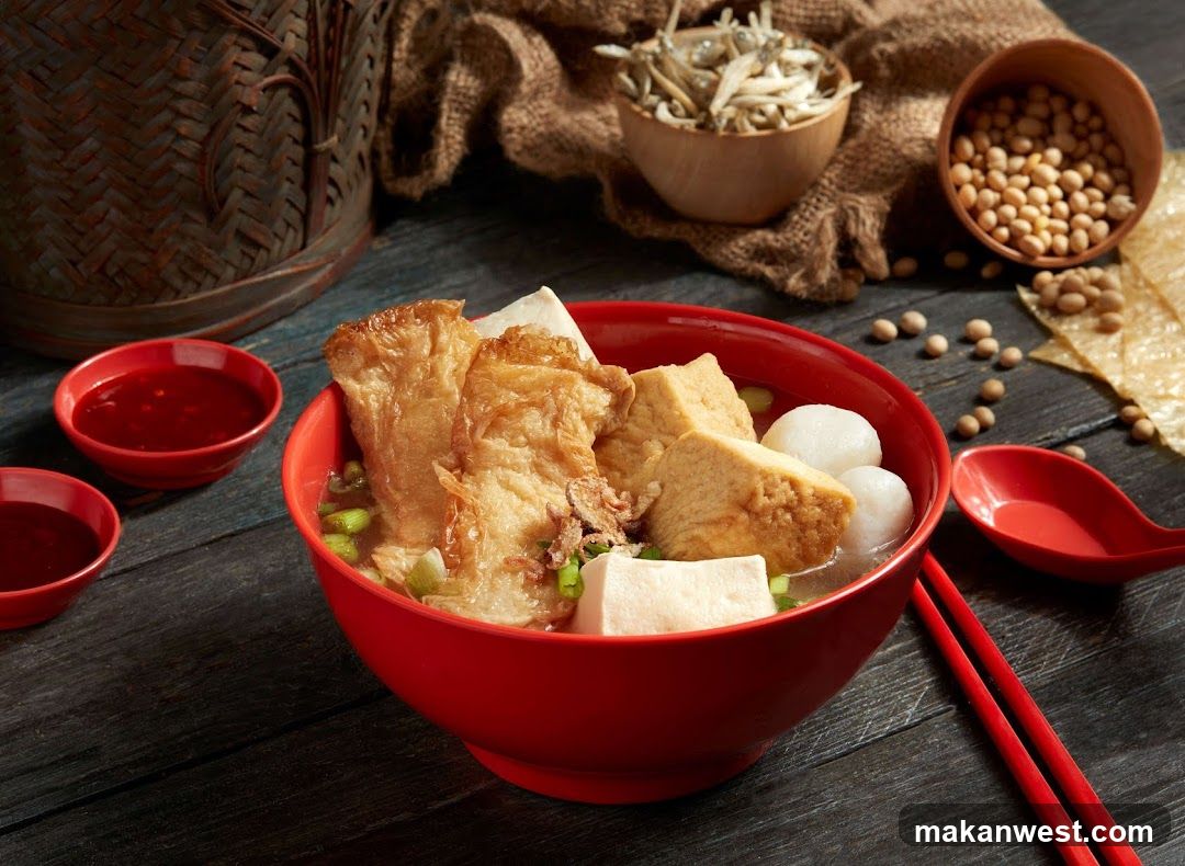 Red Bowl of Soup with Tofu and Fish Balls